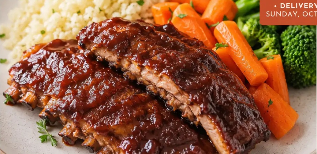IN BBQ pork ribs with vegetables and cauliflower rice